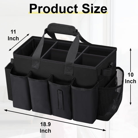 Wigojoy cleaning caddy bag side pocket open showing extra storage for brushes and gloves.