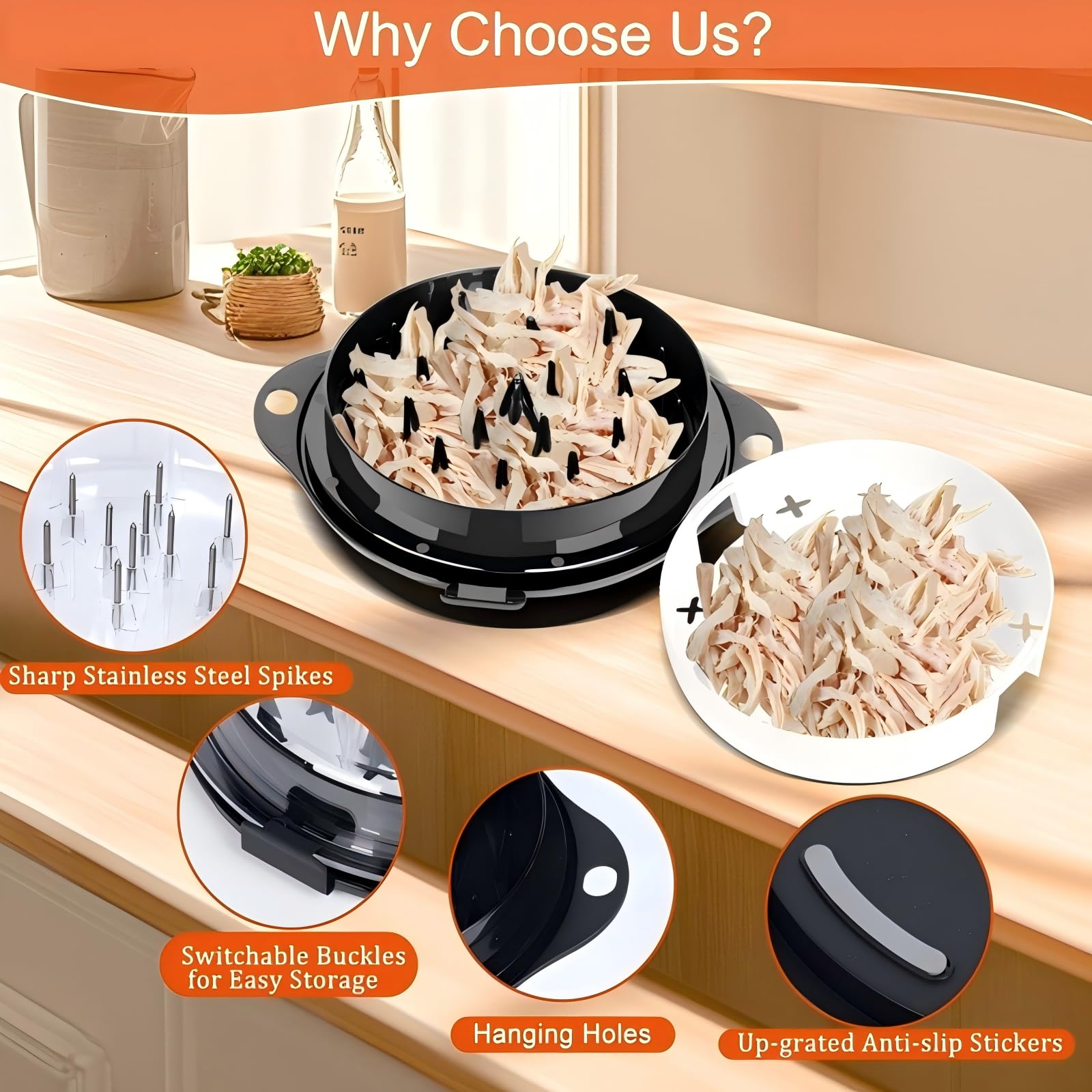 Wiki Jooy chicken shredder tool side handle enables comfortable grip during shredding.