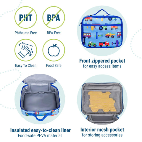 Durable 100% polyester fabric on Wildkin lunch box is easy to clean.