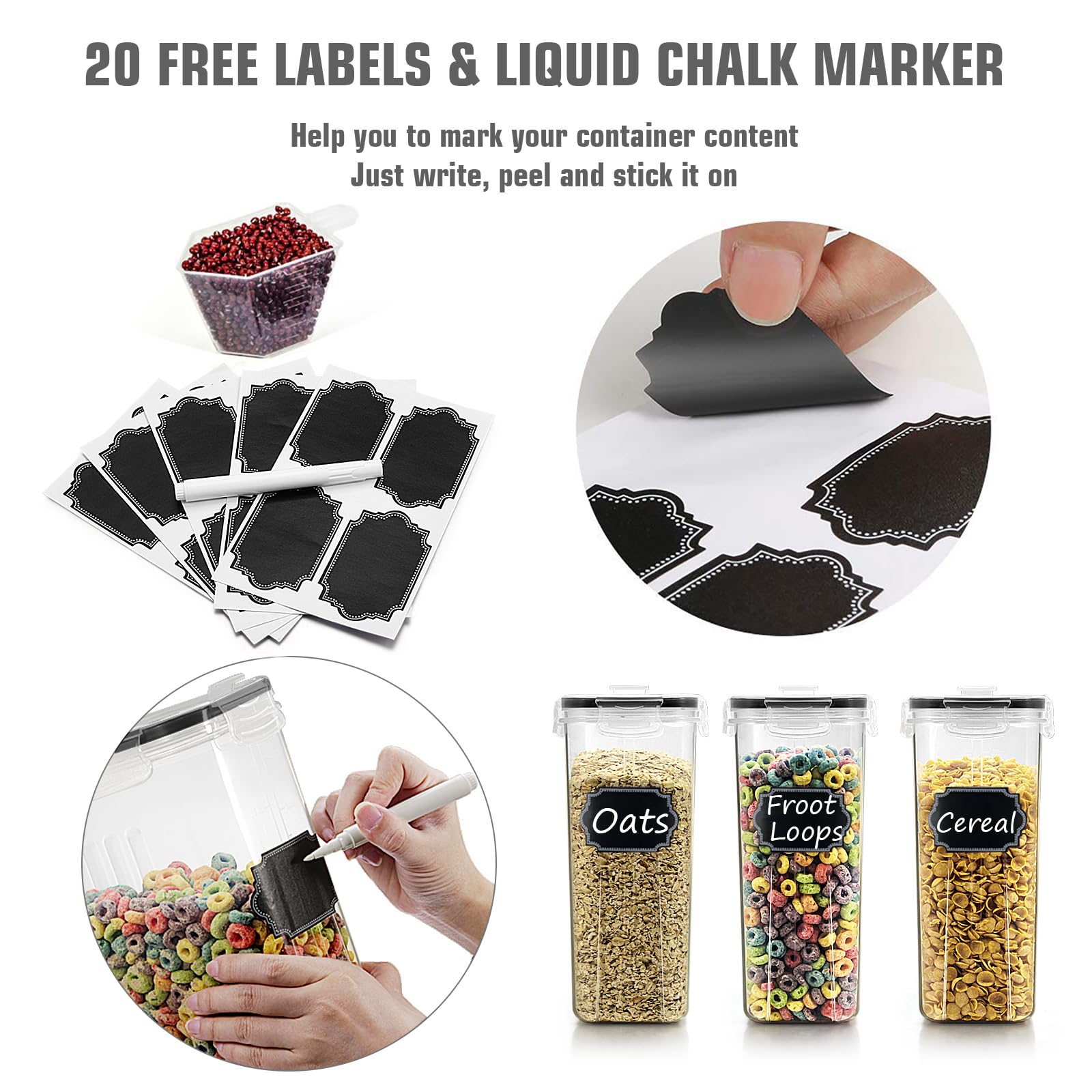 Wildone 20 reusable labels help organize cereals, flours, and snacks.