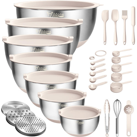 Wildone 27-piece mixing bowls with airtight lids for freshness and prep-ready meals.