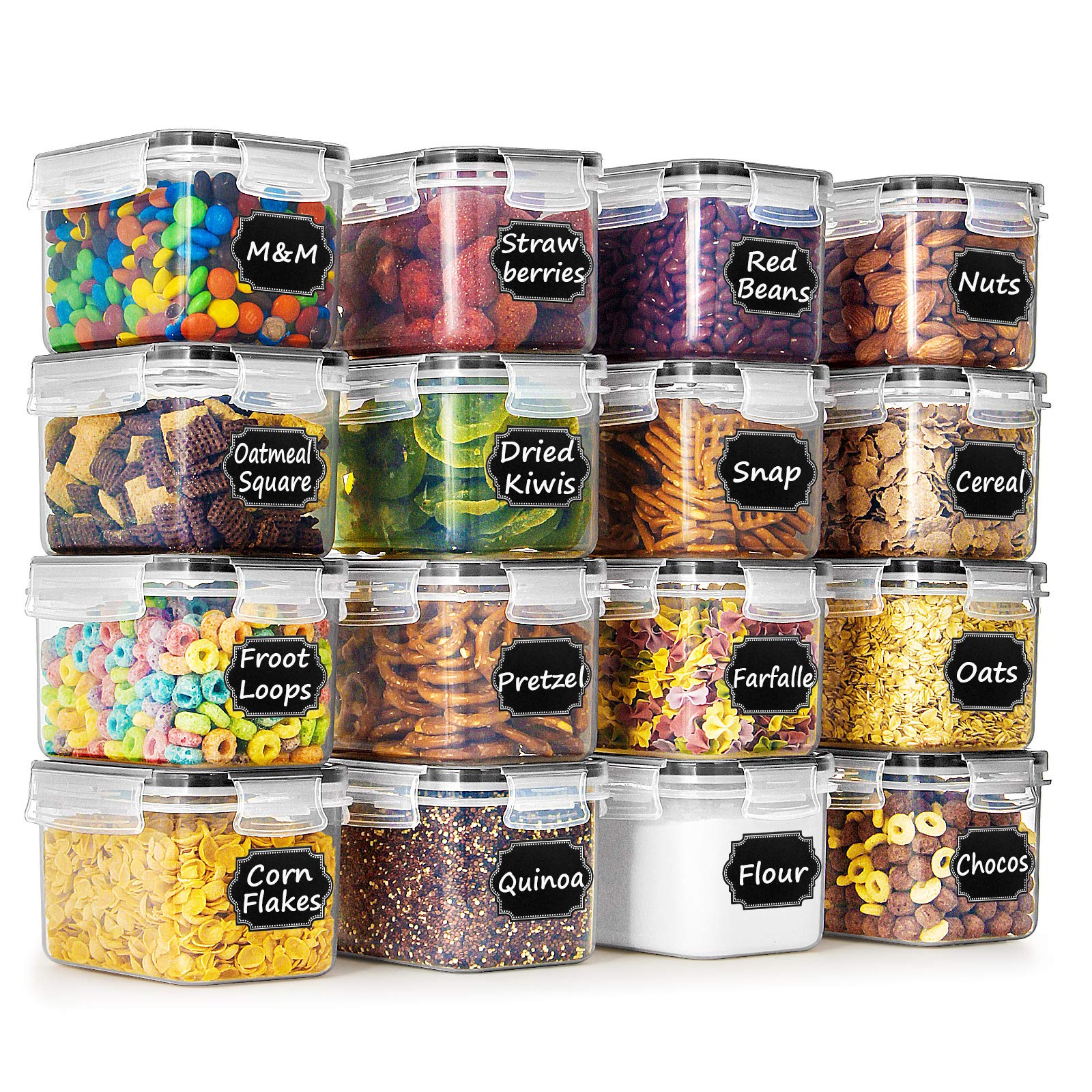 Wildone airtight cereal storage set with 16 clear containers for organized pantry storage.
