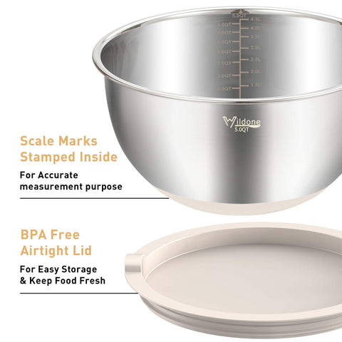 Wildone bowls show non-slip silicone bottoms that keep counter steady while mixing