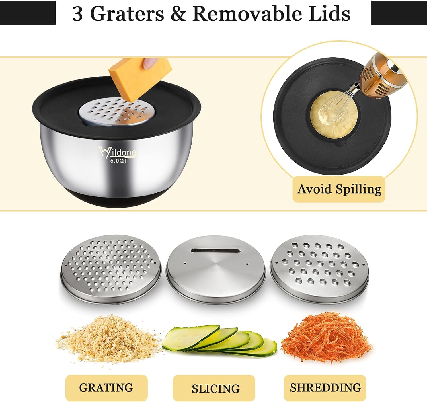Wildone three grater attachments for slicing, grating, shredding tasks