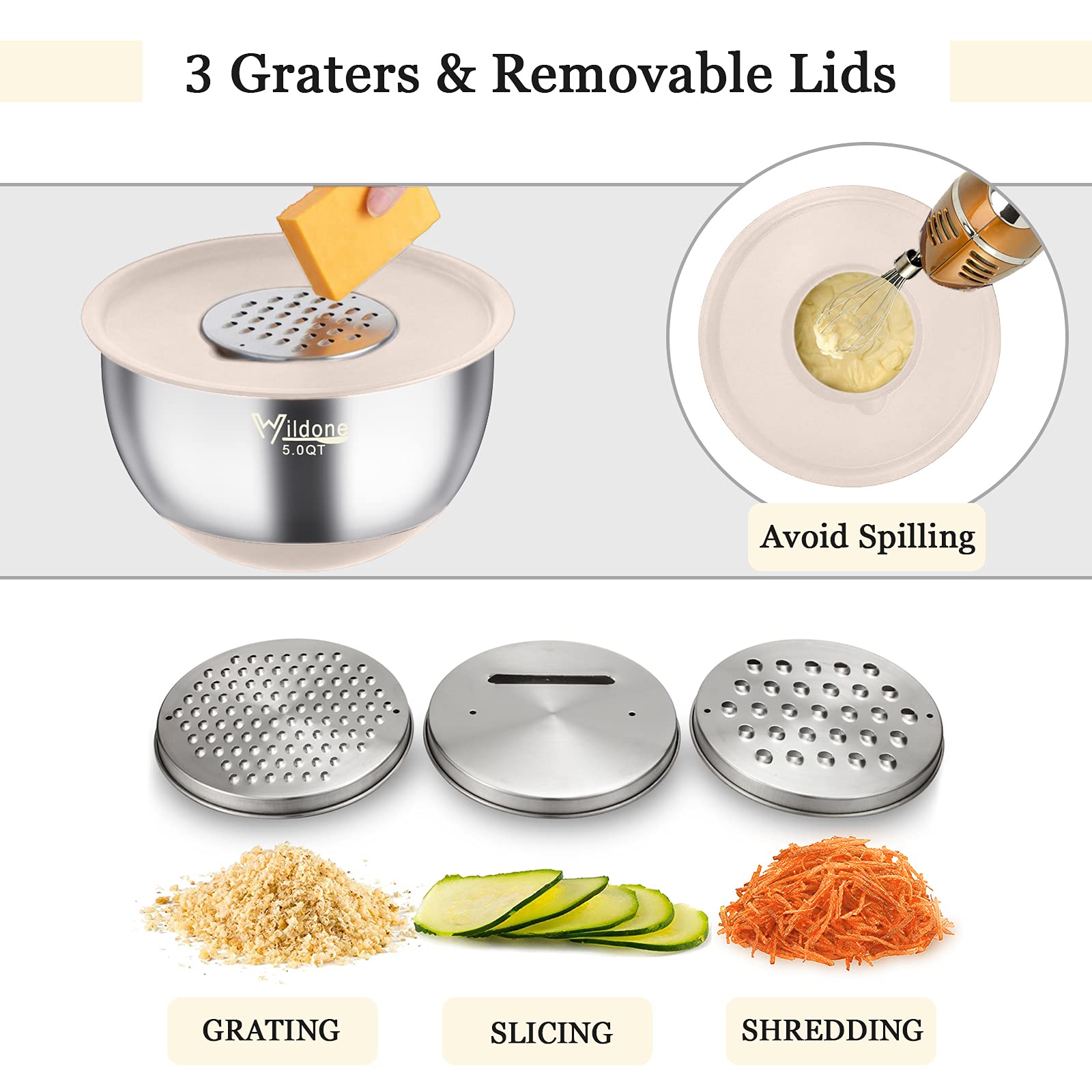 Wildone three grater attachments for slicing, grating, shredding