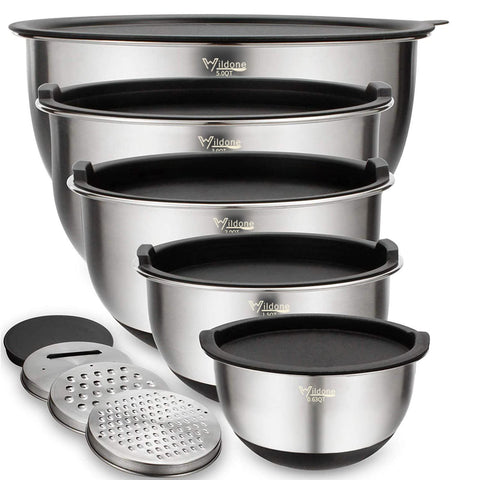 Wildone mixing bowls with airtight lids 5pc set shown for organized prep and storage.