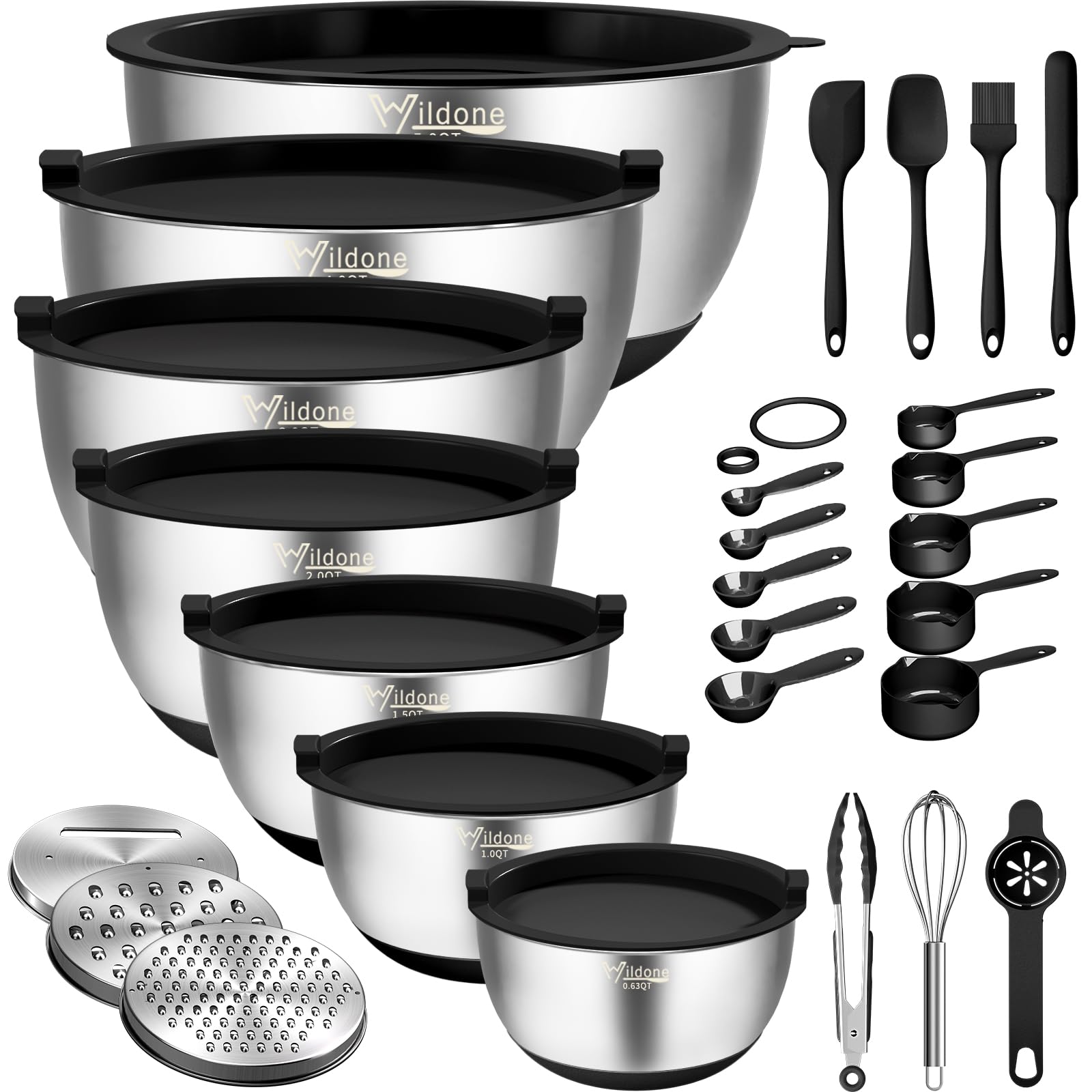 Wildone mixing bowls with airtight lids offer a nesting design for compact storage.