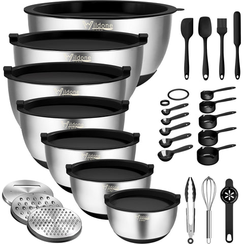 Wildone mixing bowls with airtight lids offer a nesting design for compact storage.