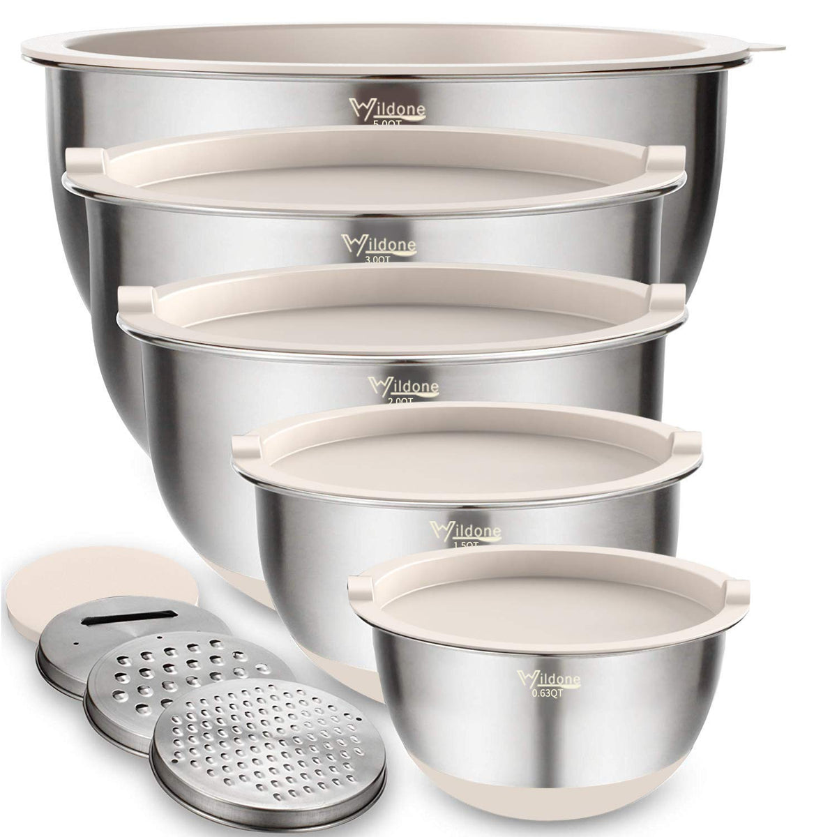 Wildone 5-piece mixing bowls with lids and non-slip bottoms for stable prep