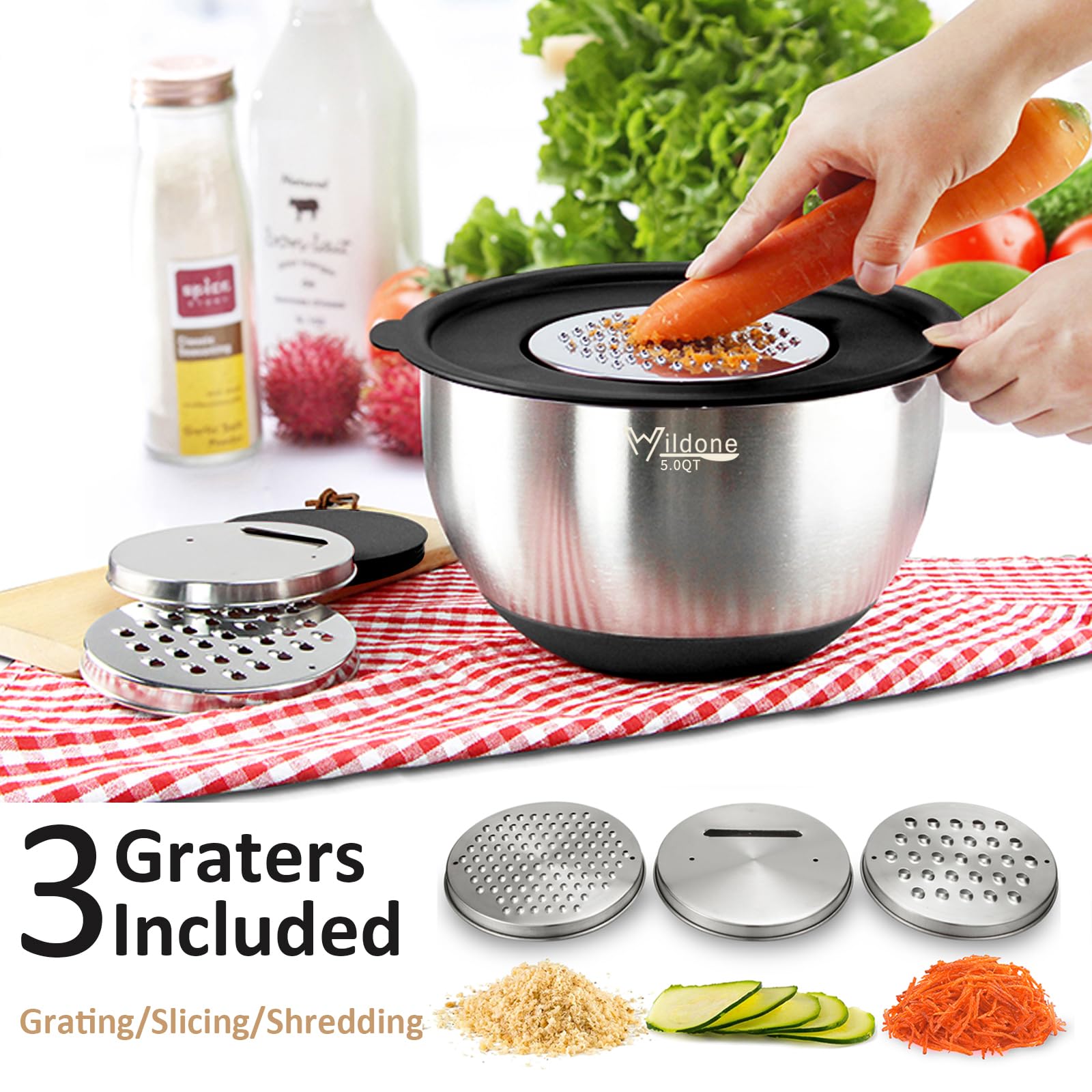 Wildone stainless steel bowls with mirror interior for easy cleaning.