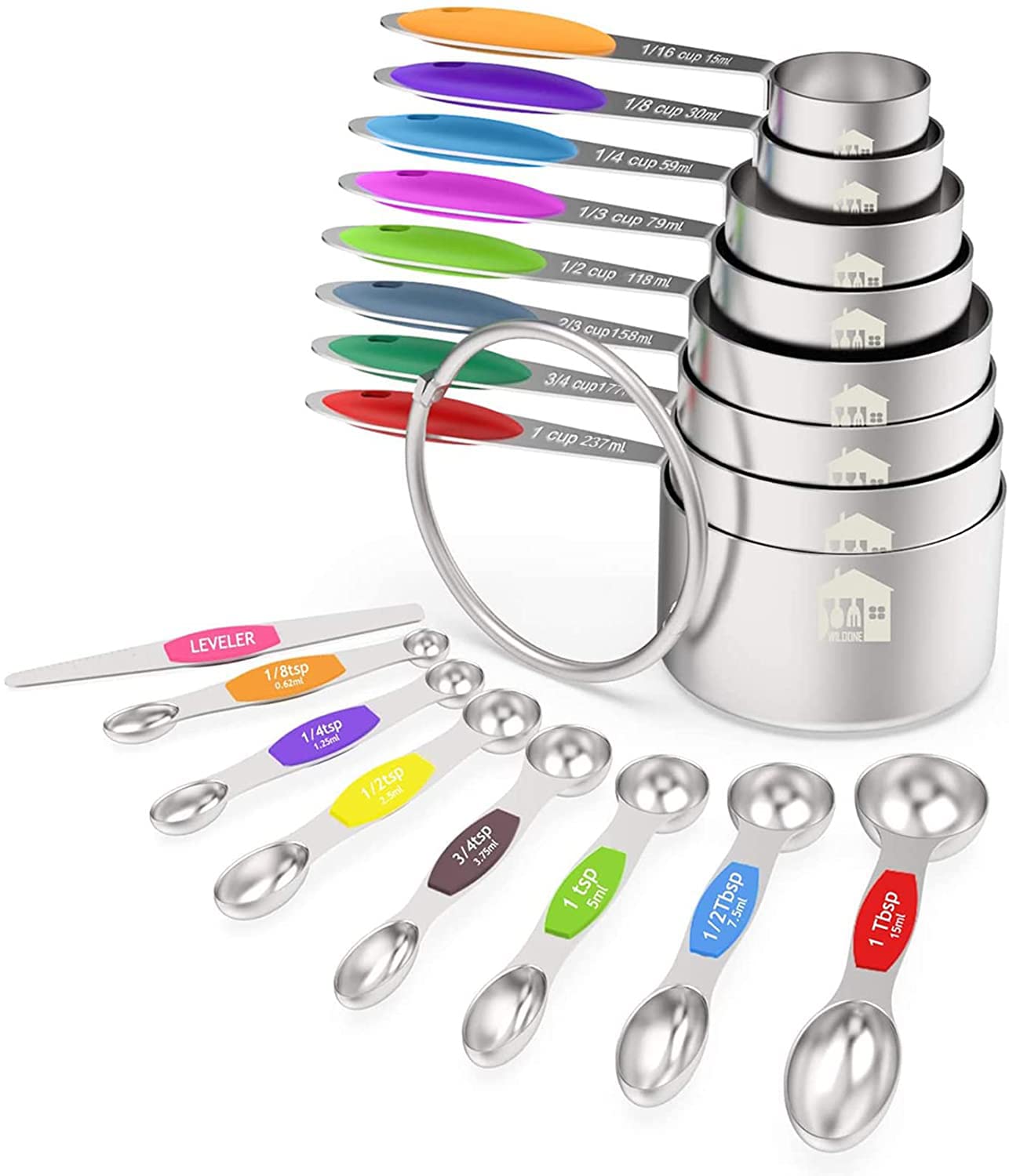 Wildone stainless steel measuring cups with engraved ml marks for accuracy