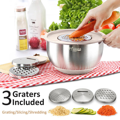 Wildone stainless steel nesting bowls with matte exterior save counter space.