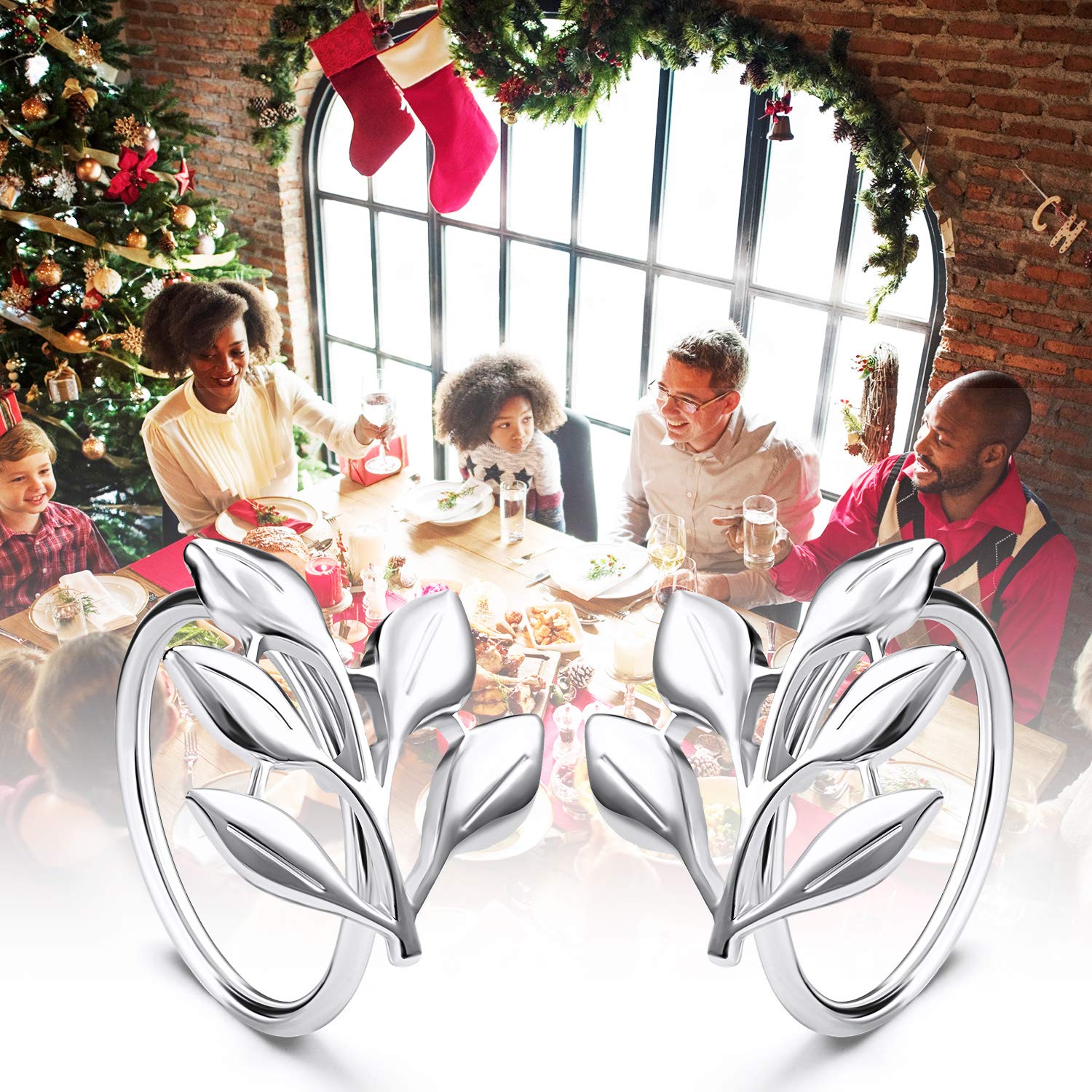 Willbond leaf napkin rings closeup in silver showing elegant leaf detail.