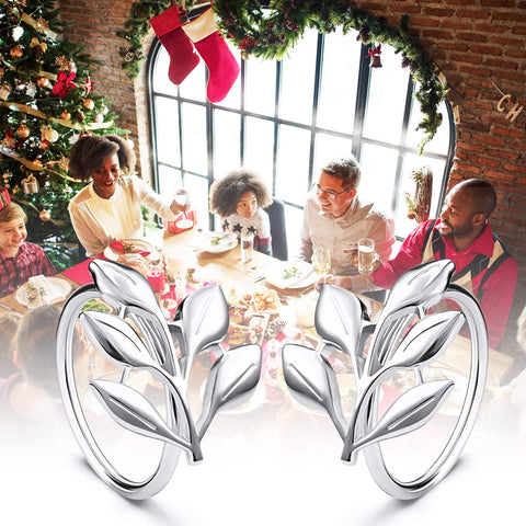 Willbond leaf napkin rings closeup in silver showing elegant leaf detail.