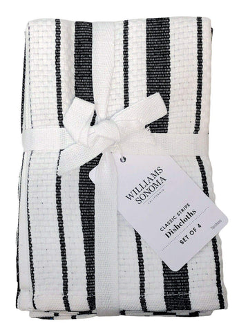 Williams-Sonoma jet-black striped dishcloth close-up showing basketweave texture and absorbency