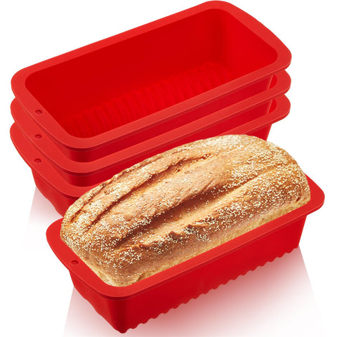 Willinglong four-piece red silicone loaf pan set stacked for versatile baking.