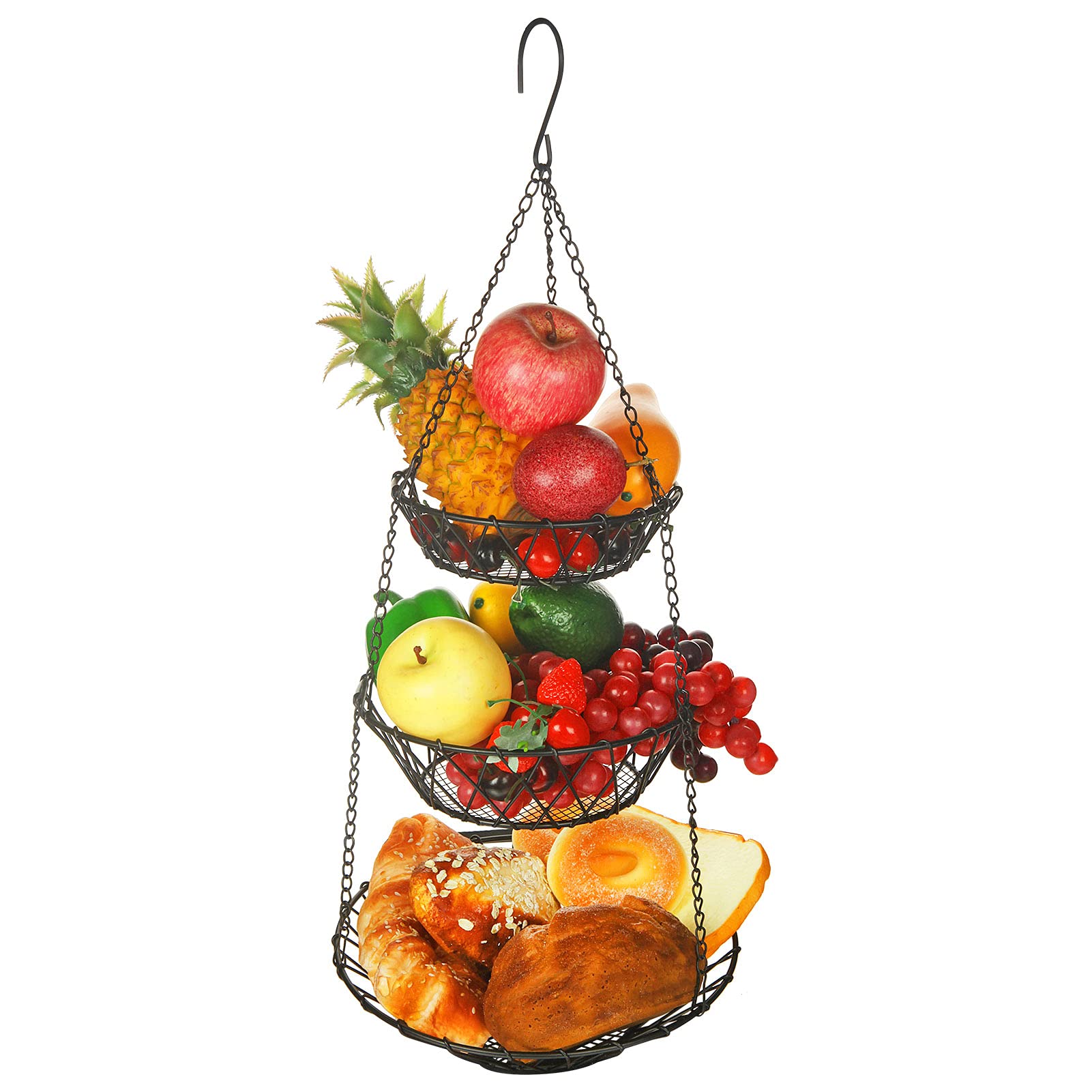 WILLIZTER 3-tier hanging basket with top hook for organized kitchen fruit storage.