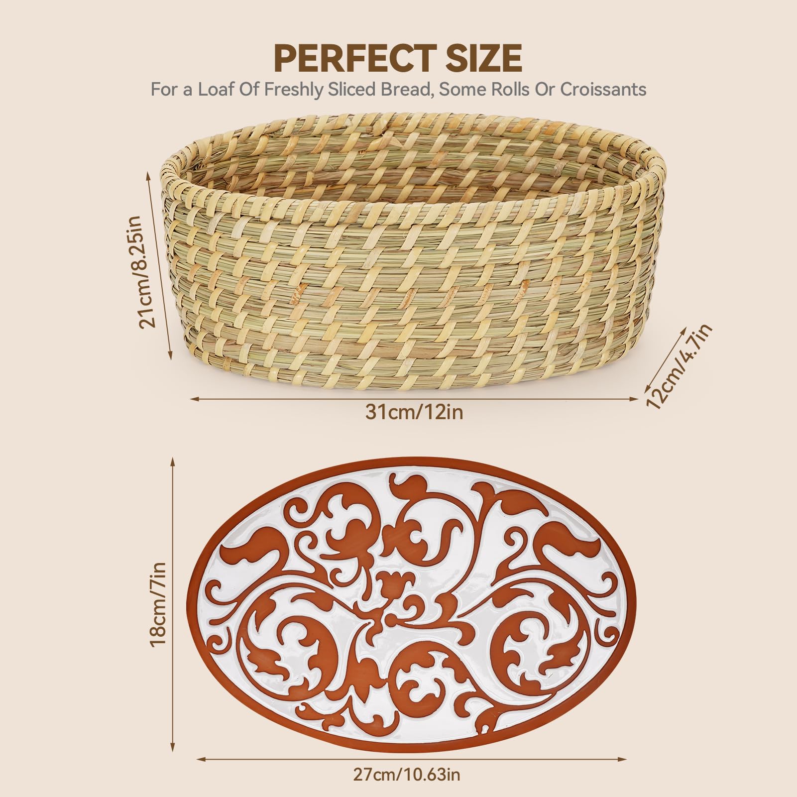 Willow Weave terracotta warming stone engraved with vine adds rustic charm.