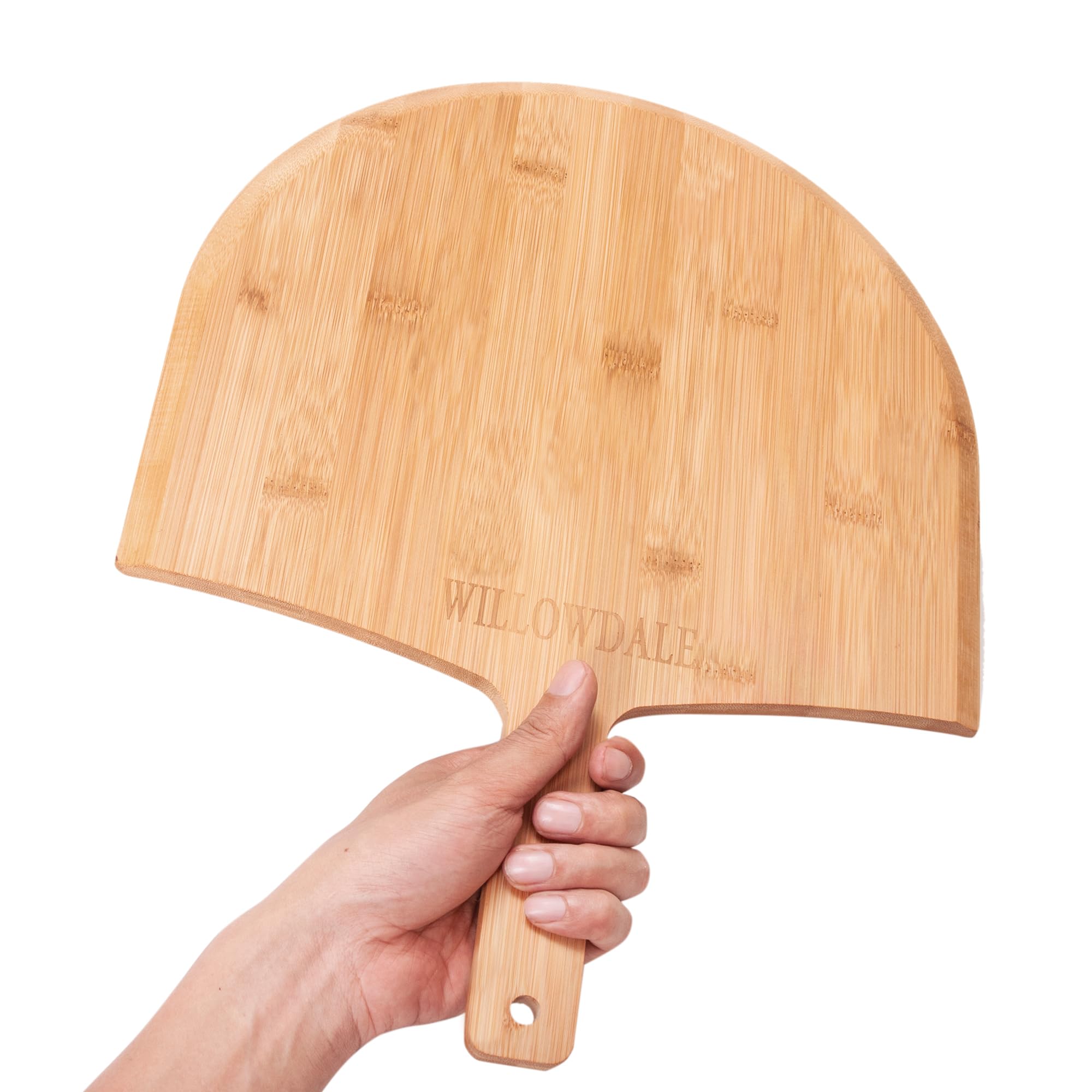 Willowdale wood pizza peel texture closeup shows smooth surface for clean sliding.