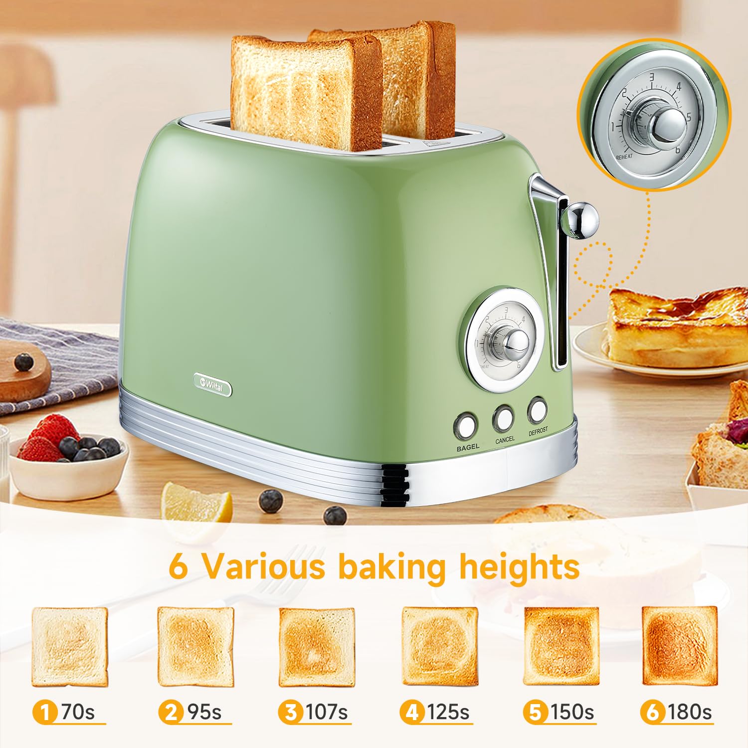 Wiltal Green Retro Toaster BPA-free stainless steel for safe daily use.