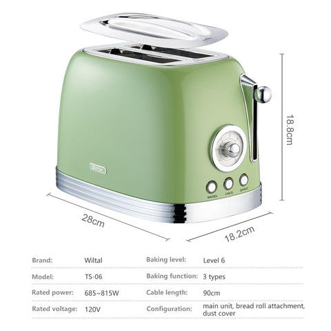 Wiltal Green Retro Toaster high-lift lever prevents burned fingertips.