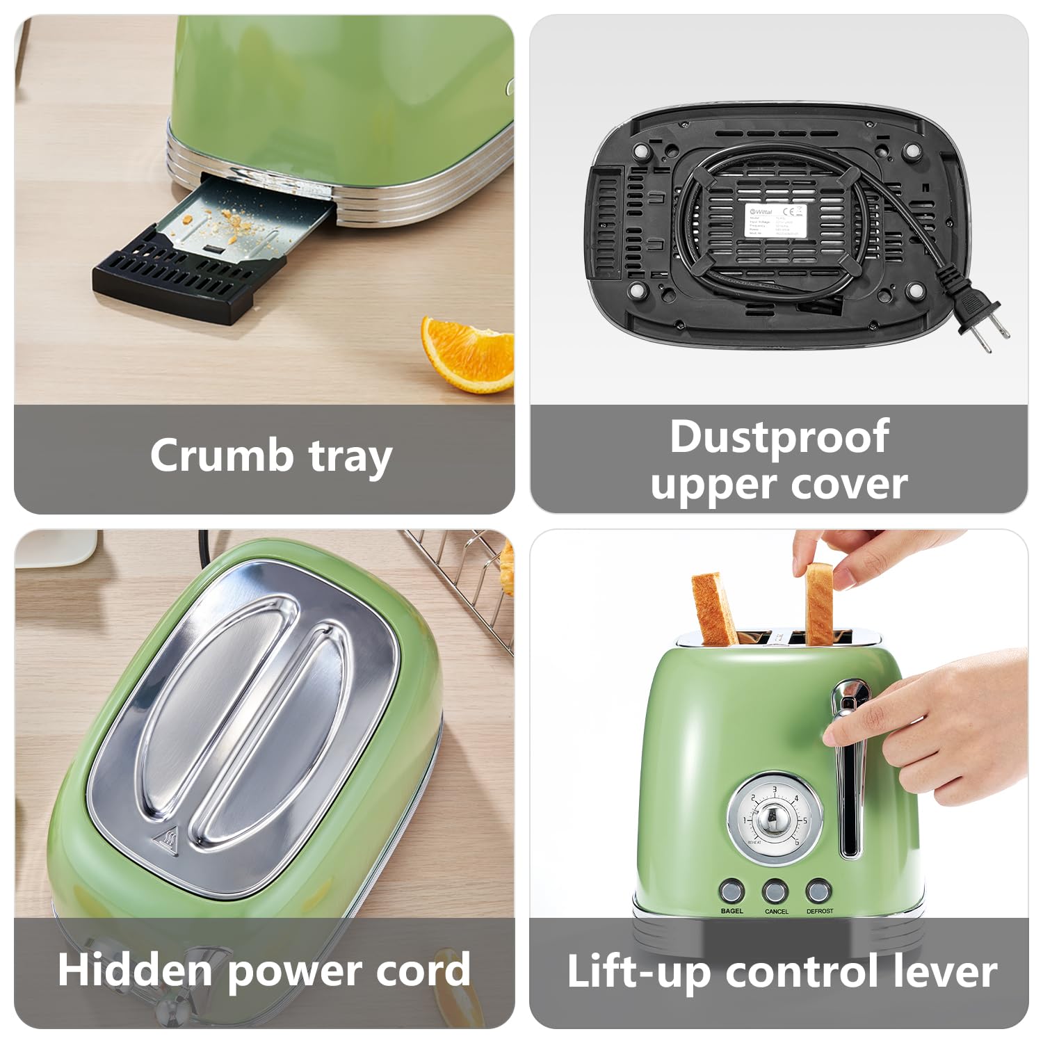Wiltal Green Retro Toaster preheat and defrost functions for flexible toasting.