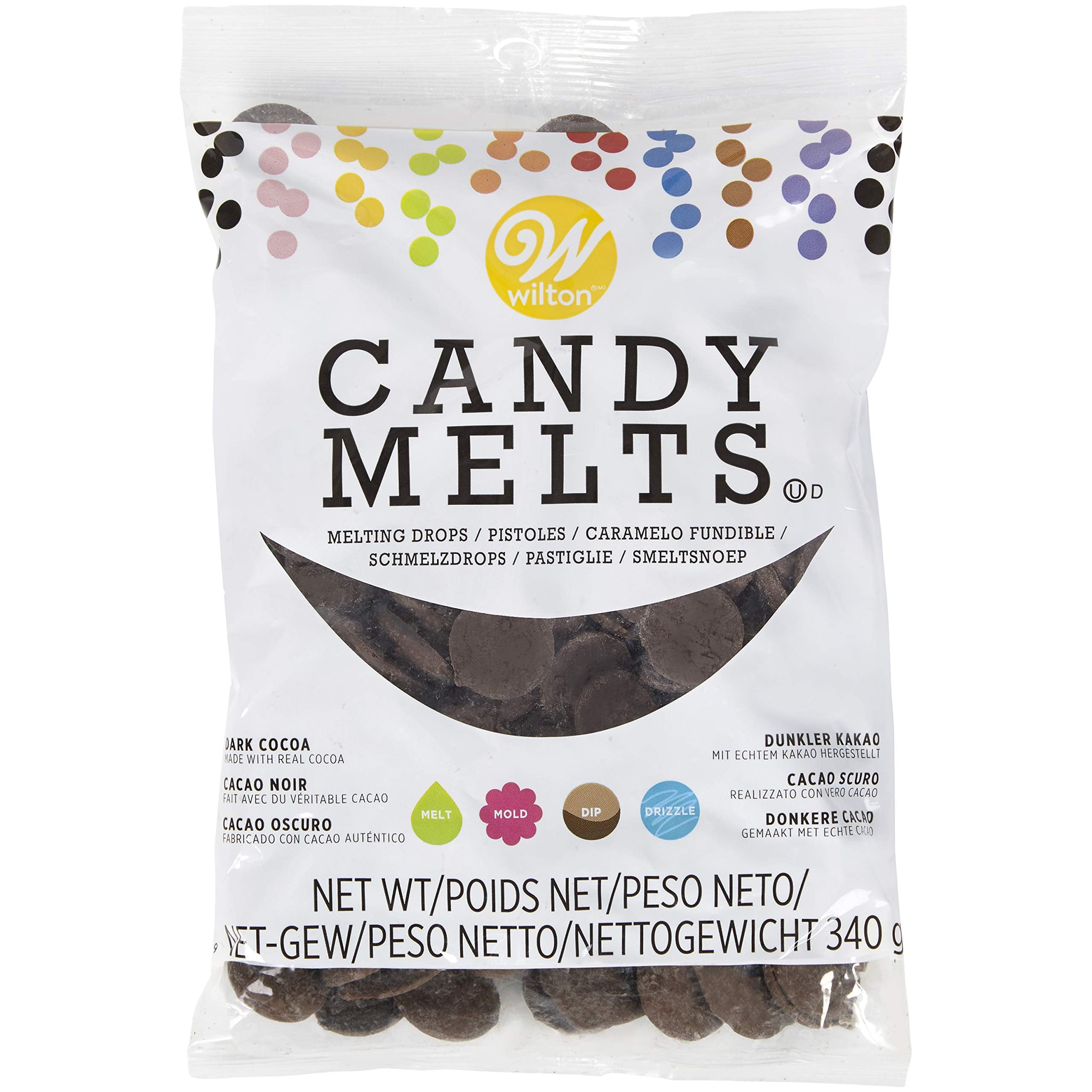 Wilton Dark Cocoa Candy Melts 12oz bag for dipping strawberries and decorating desserts.