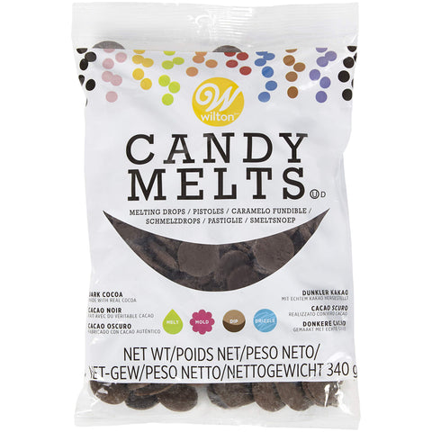 Wilton Dark Cocoa Candy Melts 12oz bag for dipping strawberries and decorating desserts.