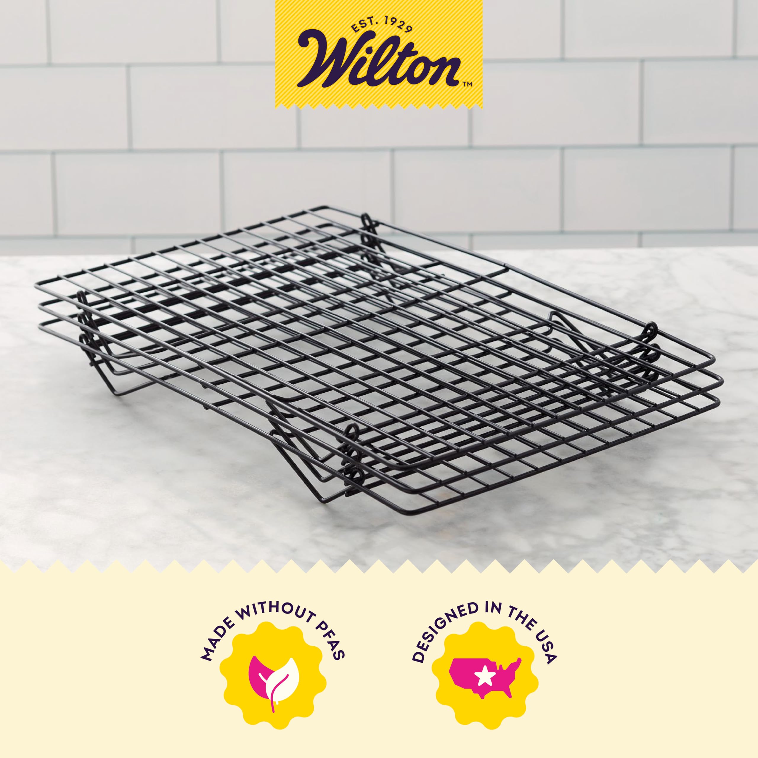 Wilton Excelle Elite 3-Tier Cooling Rack shows easy assembly and collapse for storage.