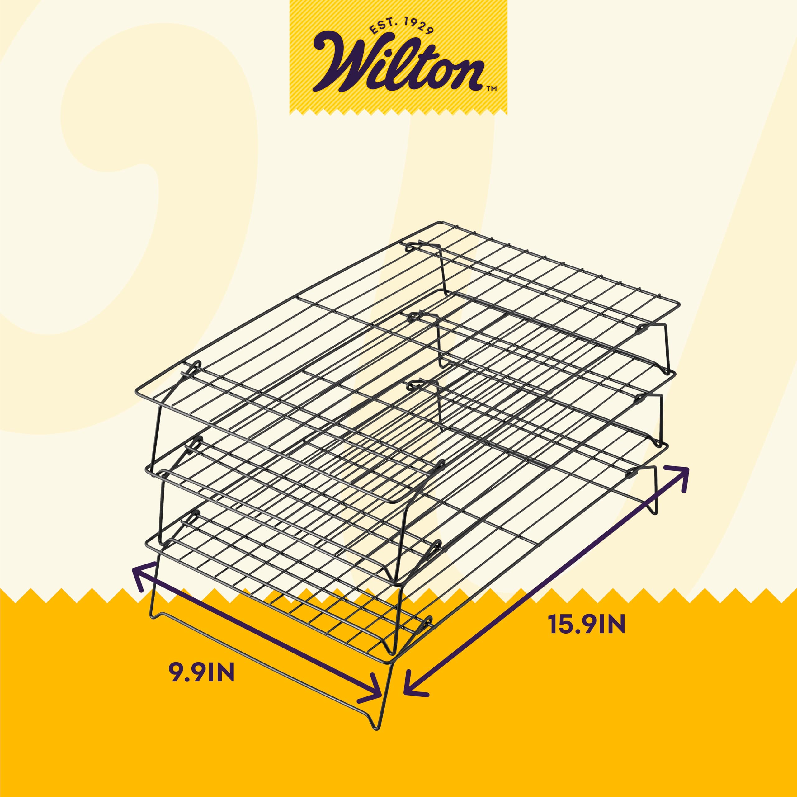 Wilton Excelle Elite 3-Tier Cooling Rack cools cake layers quickly on stacked tiers.