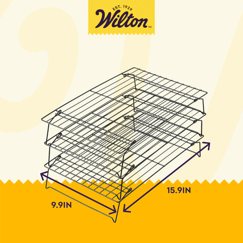 Wilton Excelle Elite 3-Tier Cooling Rack cools cake layers quickly on stacked tiers.