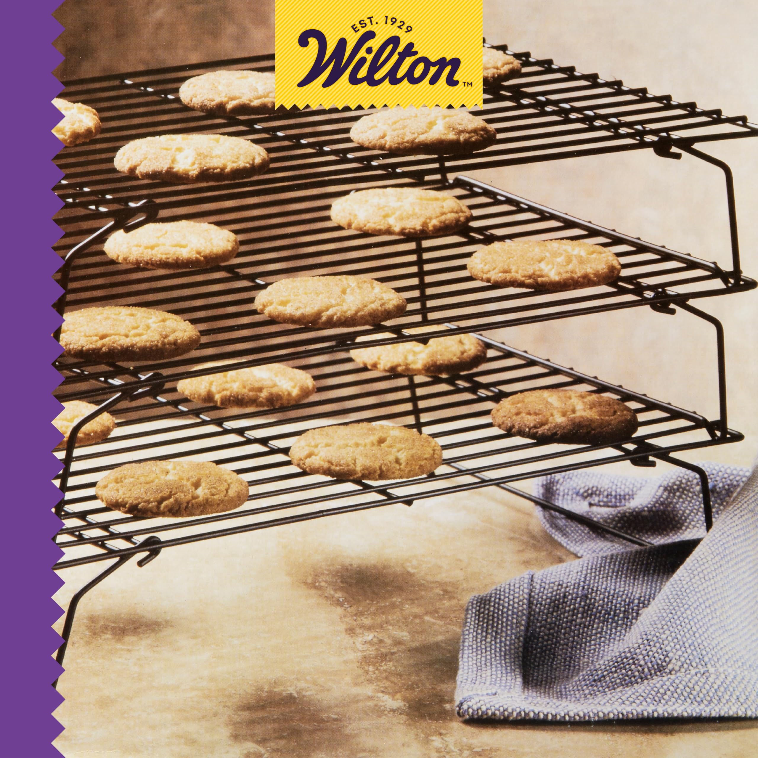 Wilton Excelle Elite 3-Tier Cooling Rack saves counter space when stored.