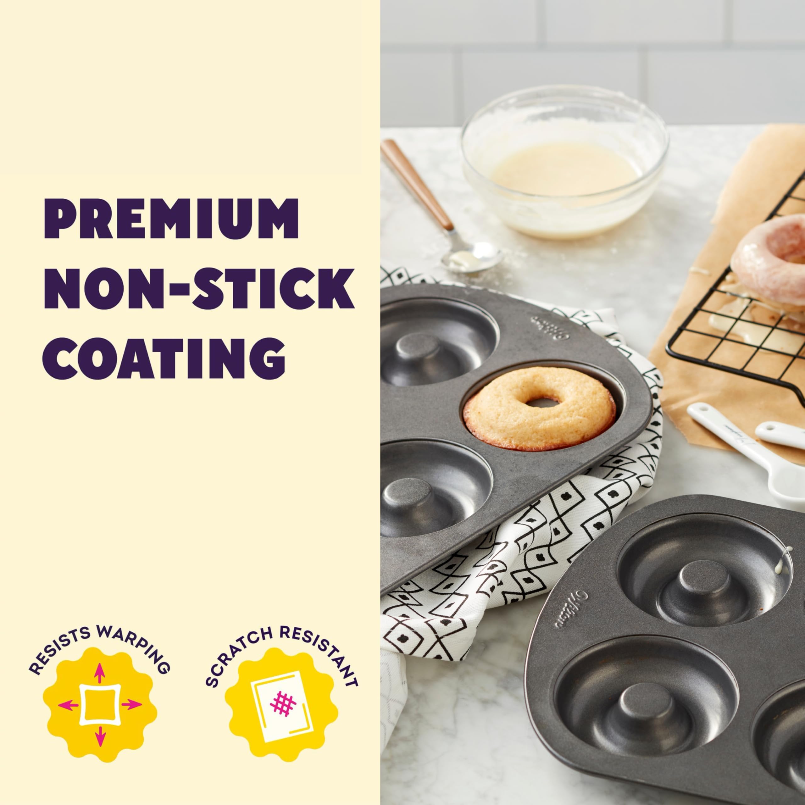 Wilton Gold donut pan set oven safe up to 450F for versatile baking
