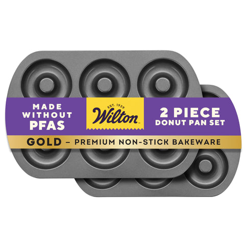 Wilton Gold donut pan set top view showing 12 cavities for even baking