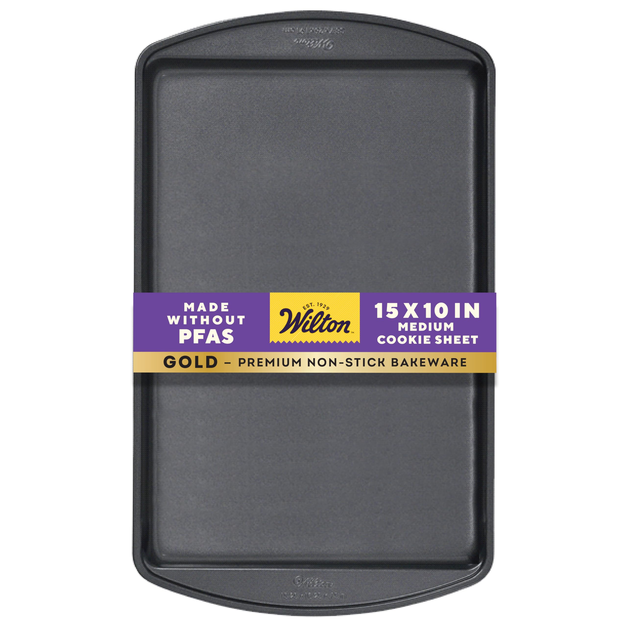 Wilton Gold Premium cookie sheet 15.25 x 10.25 inches delivers even heat for consistently baked cookies.