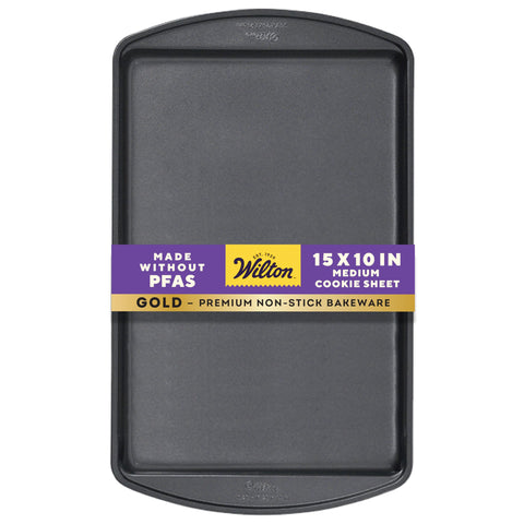 Wilton Gold Premium cookie sheet 15.25 x 10.25 inches delivers even heat for consistently baked cookies.