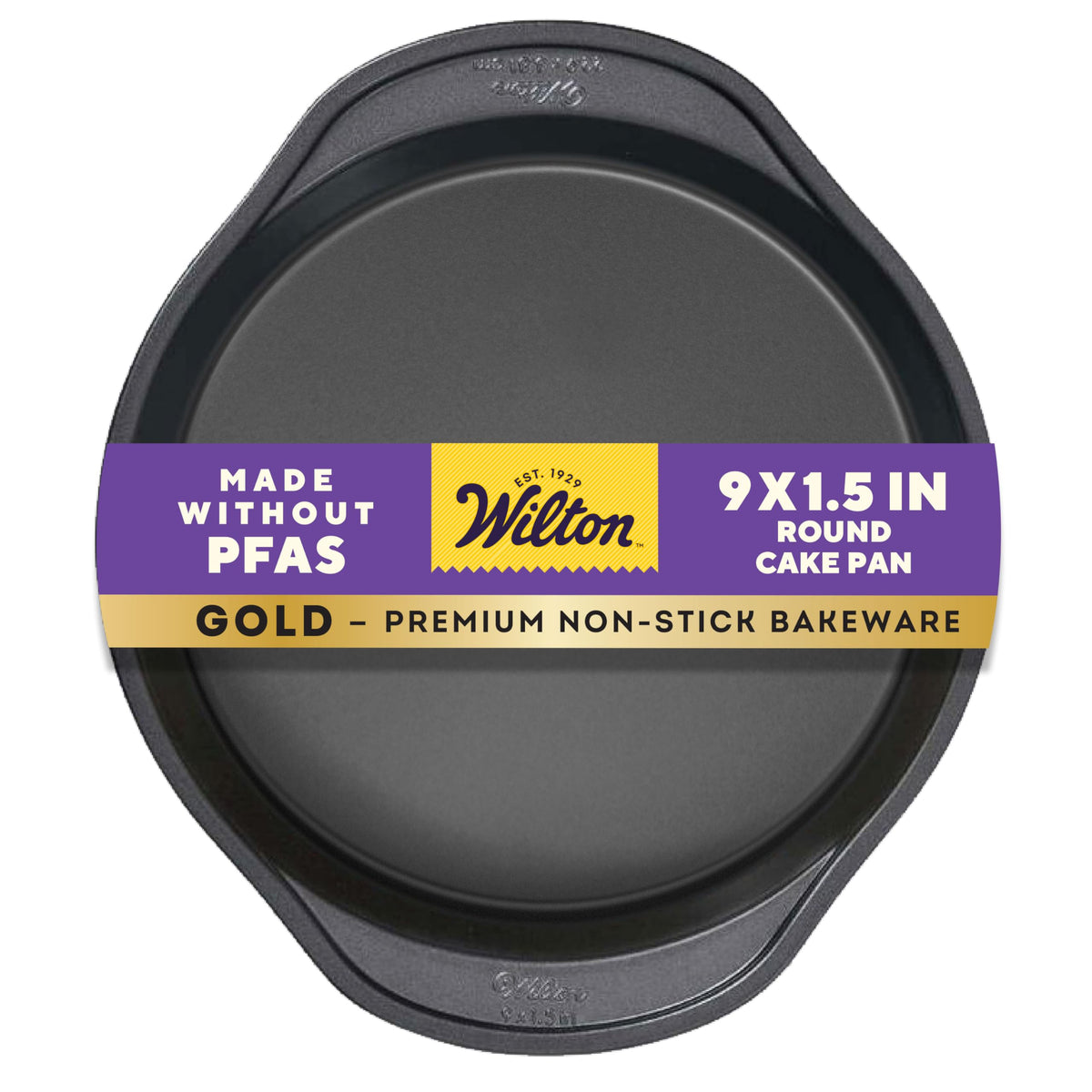 Wilton Gold Premium non-stick round cake pan top view for easy release.