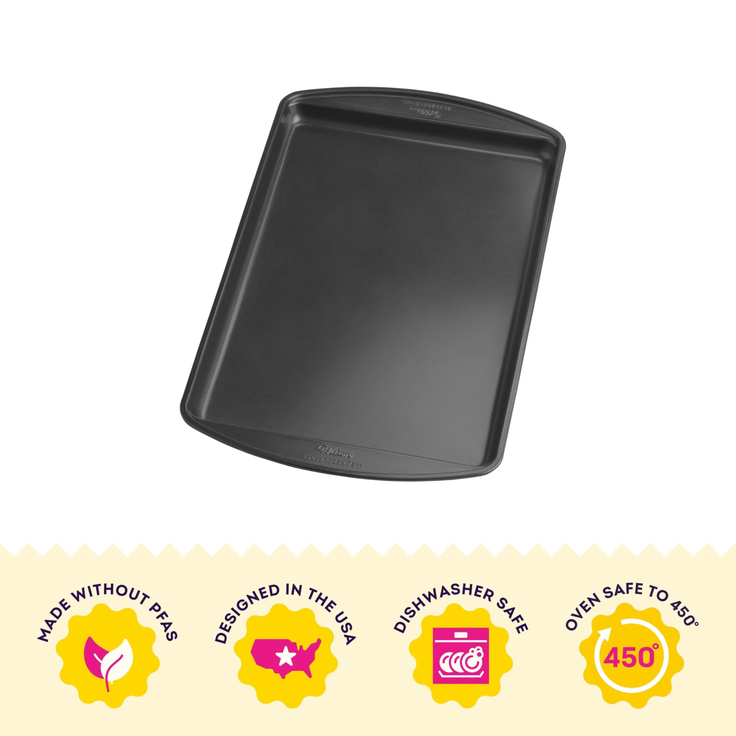 Wilton Gold Premium warp-resistant steel maintains shape during roasting and baking for reliable results.