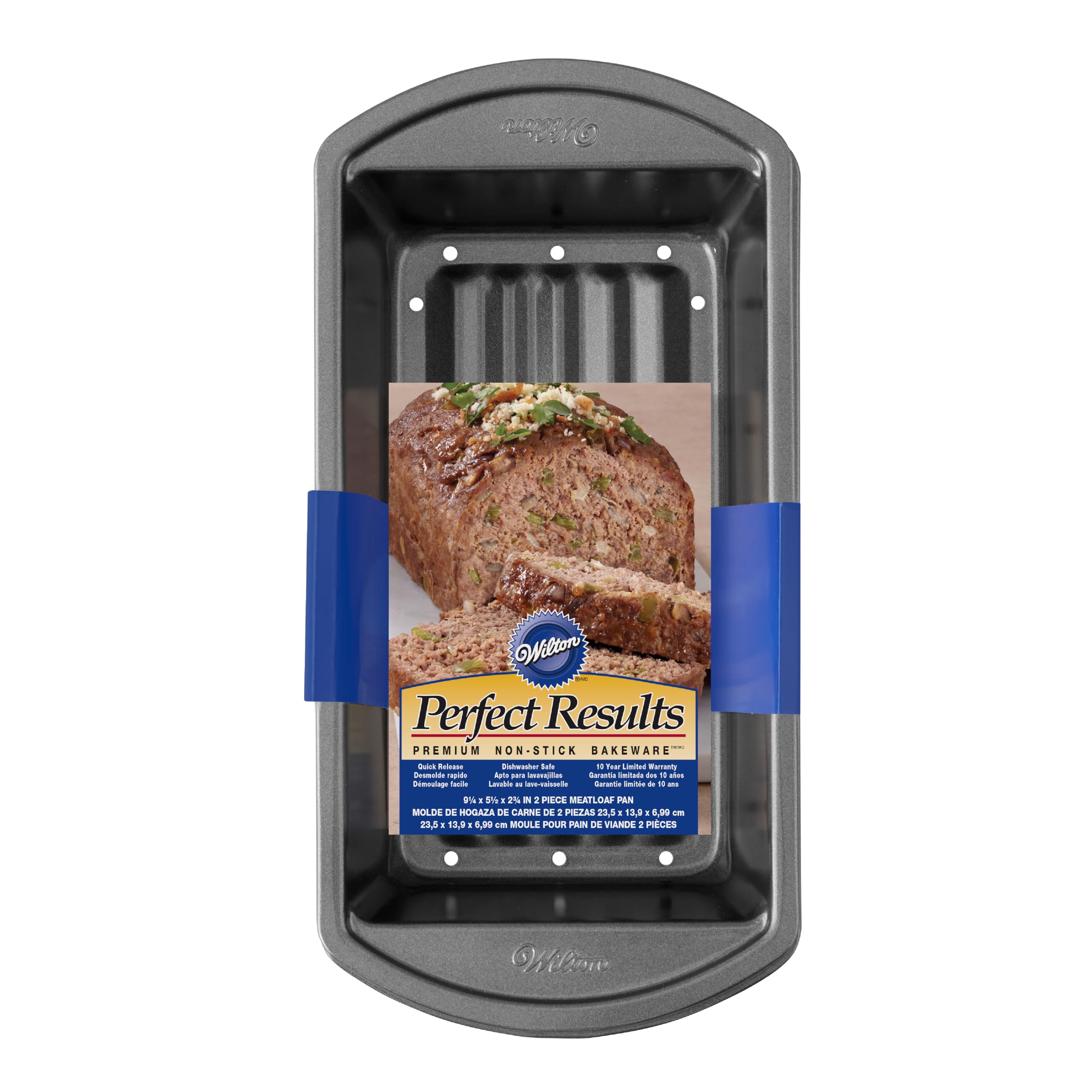 Wilton Perfect Results meatloaf pan with drain tray reducing grease for leaner meals.