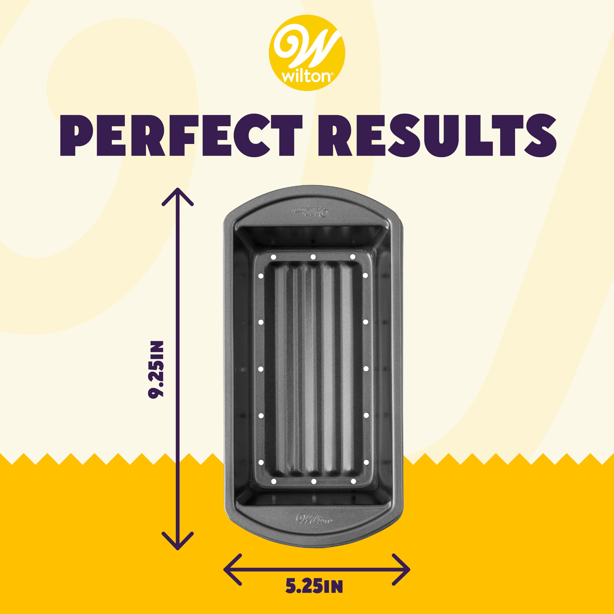Wilton Perfect Results meatloaf pan with ridged surface promotes even grease drainage.