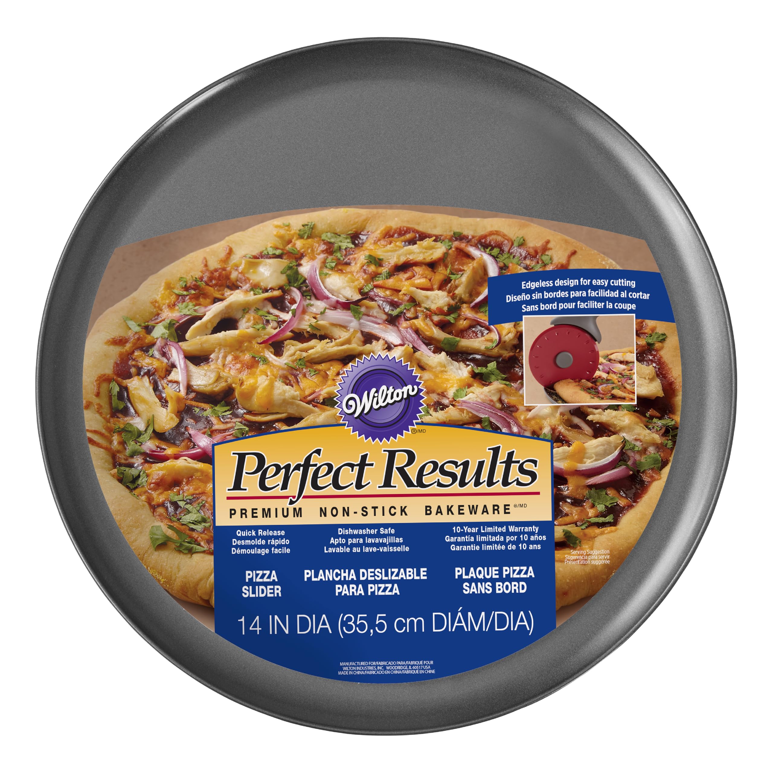 Wilton 14-inch pizza pan top view highlighting sturdy steel for even baking.