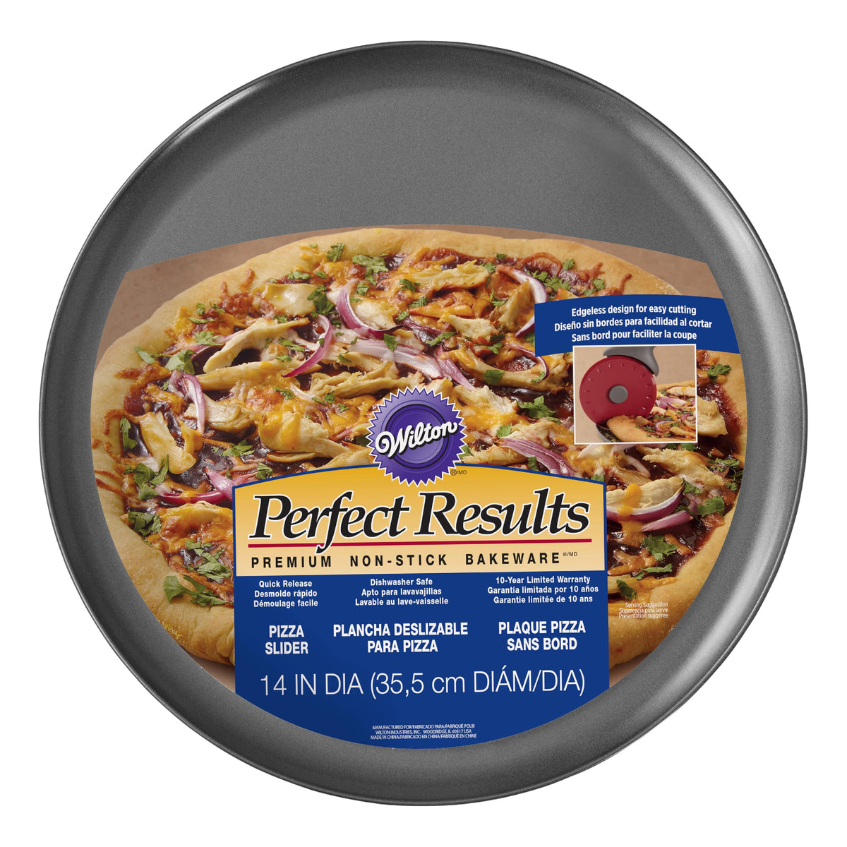 Wilton 14-inch pizza pan top view highlighting sturdy steel for even baking.