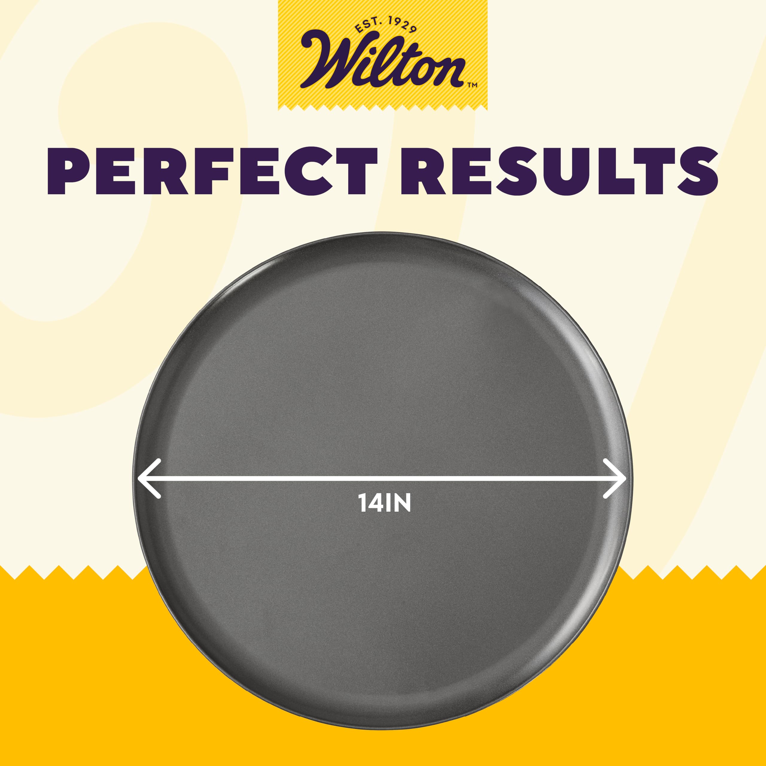 Wilton pan with non-stick coating for easy release of pizza slices.