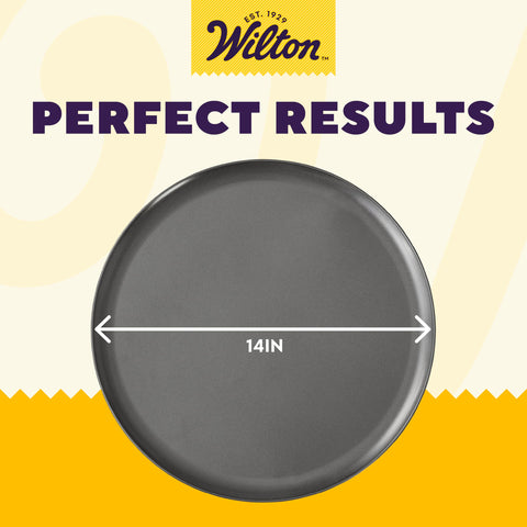 Wilton pan with non-stick coating for easy release of pizza slices.
