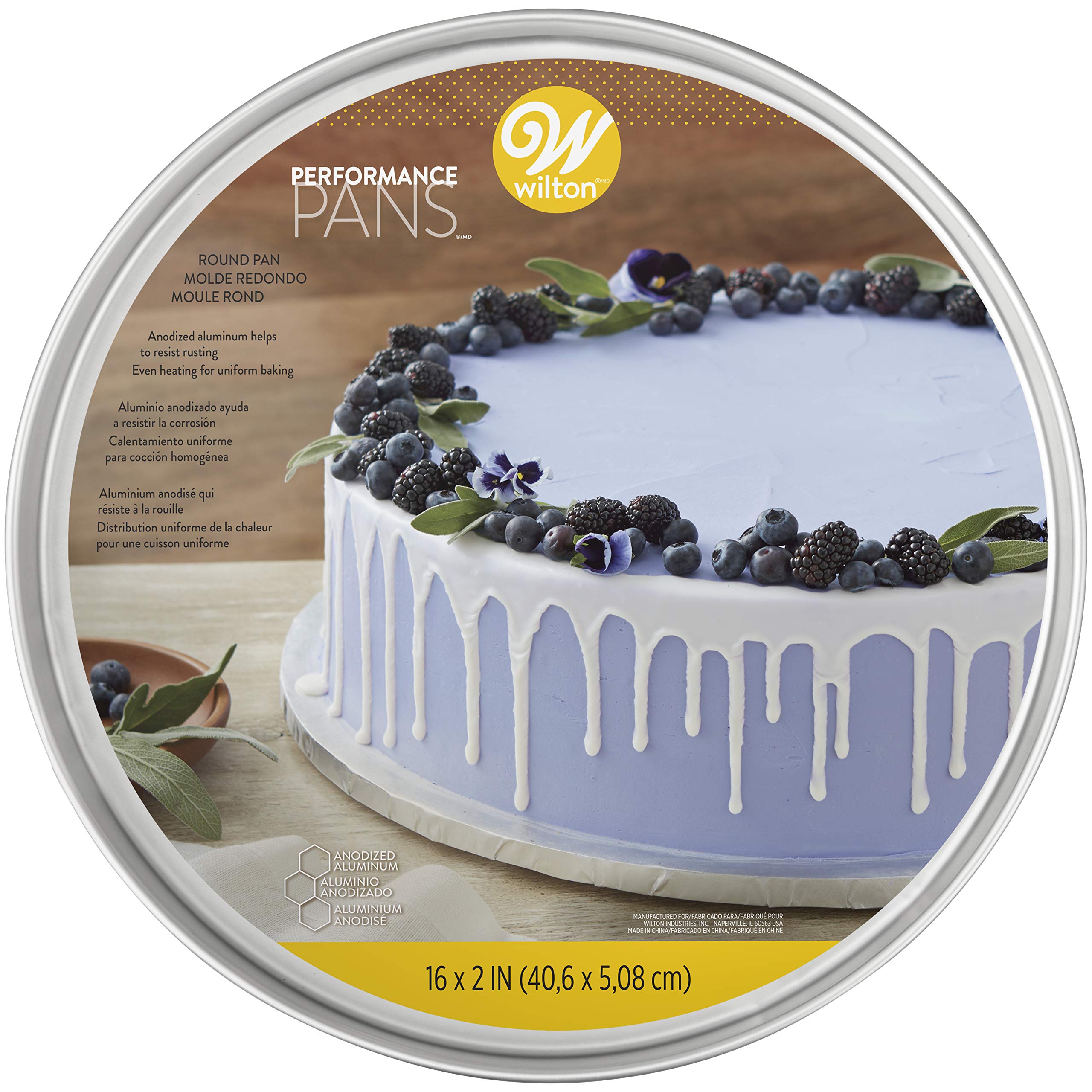 Wilton round cake pan 16x2 inches in-use shot suitable for even layered cakes