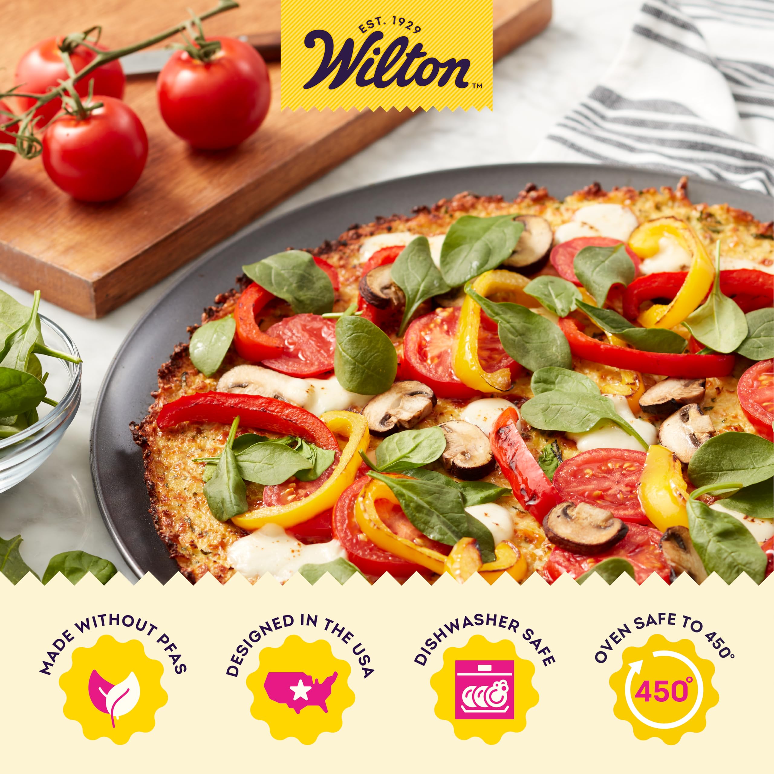 Durable steel construction of the Wilton pizza pan on display.