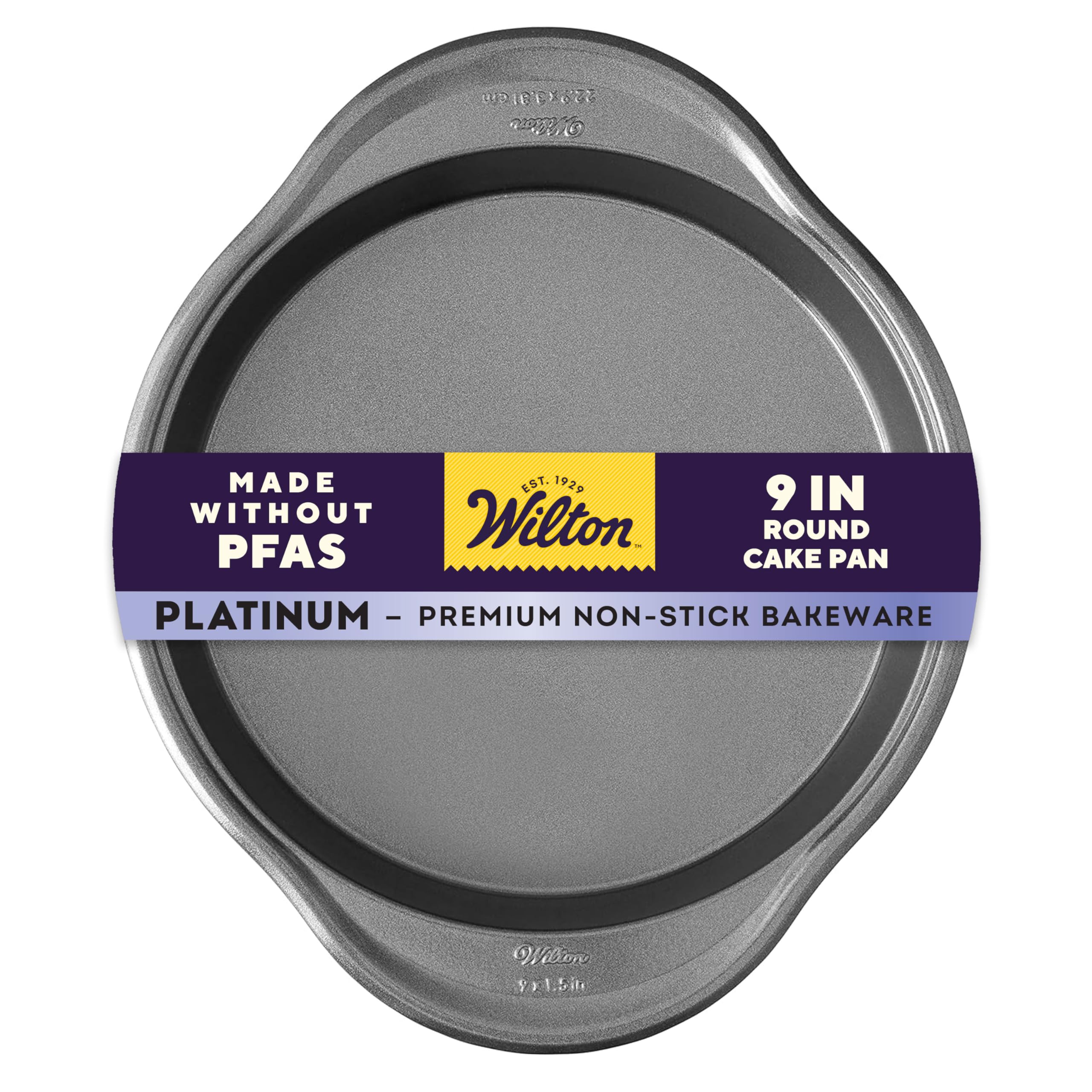 Wilton platinum non-stick 9-inch round cake pan ideal for even baking and easy release.