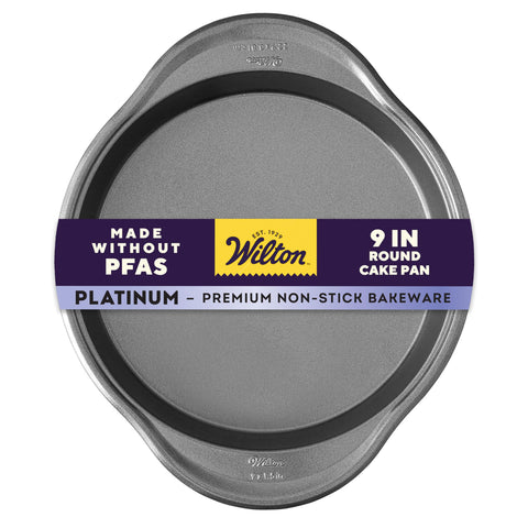 Wilton platinum non-stick 9-inch round cake pan ideal for even baking and easy release.