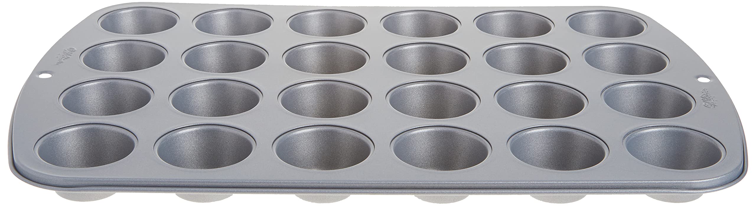 Wilton Recipe Right mini muffin pan embossed handles aid quick reference during bake