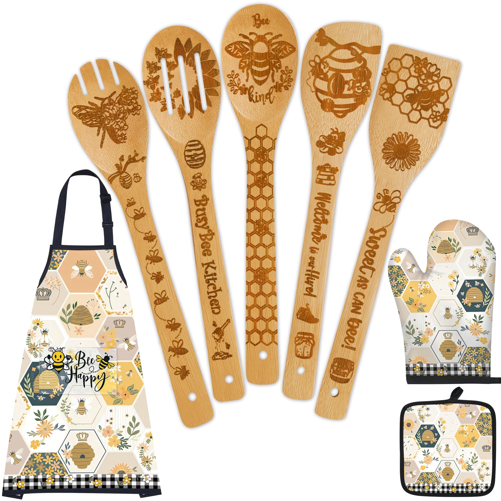 Wimabuden Bee Gifts wooden spoons set with bee patterns for eco-friendly cooking